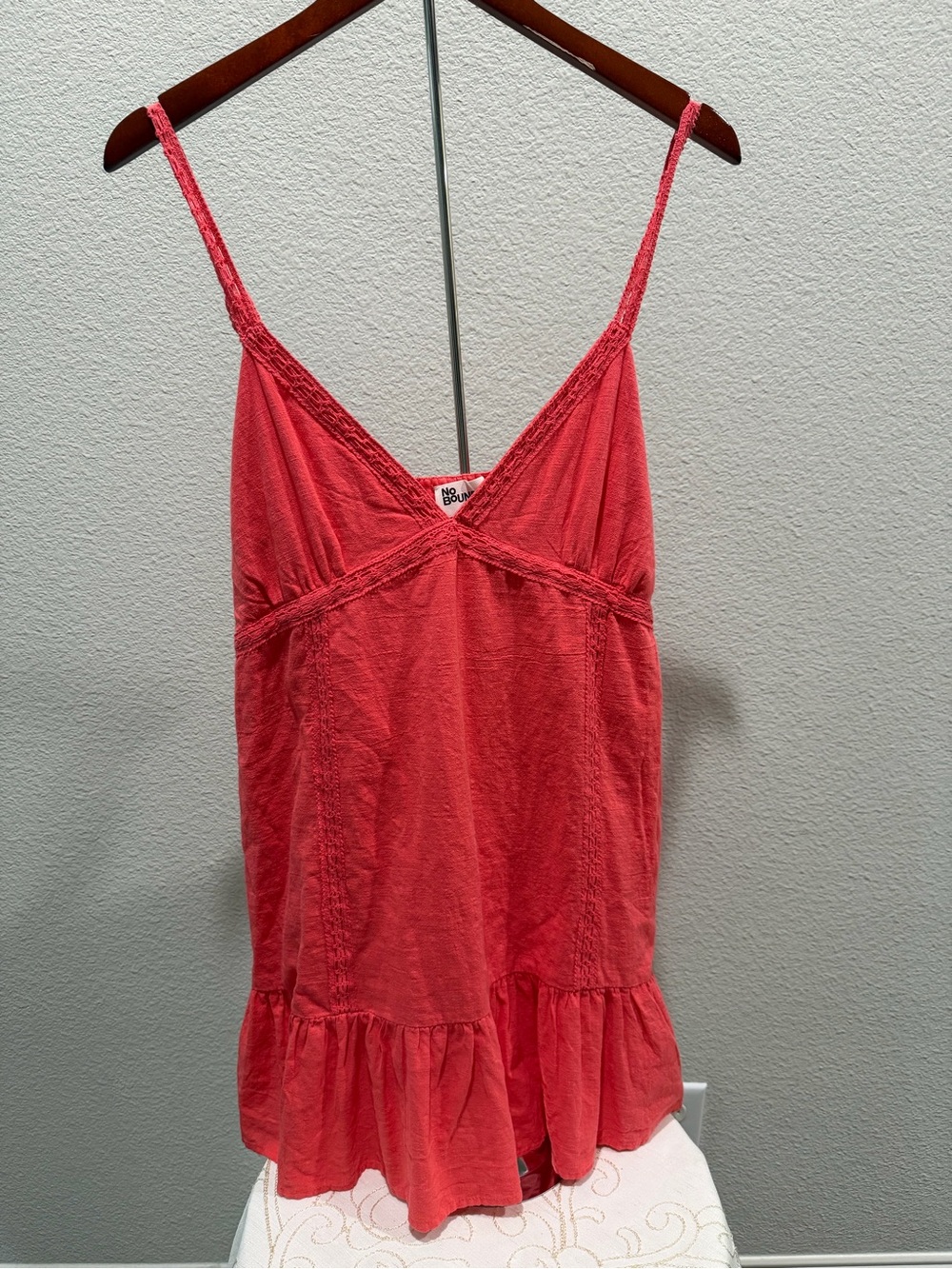 NWT No Boundaries XXL 20 Crochet Trim Ruffle Drop Hem Dress Coral Fire Cotton